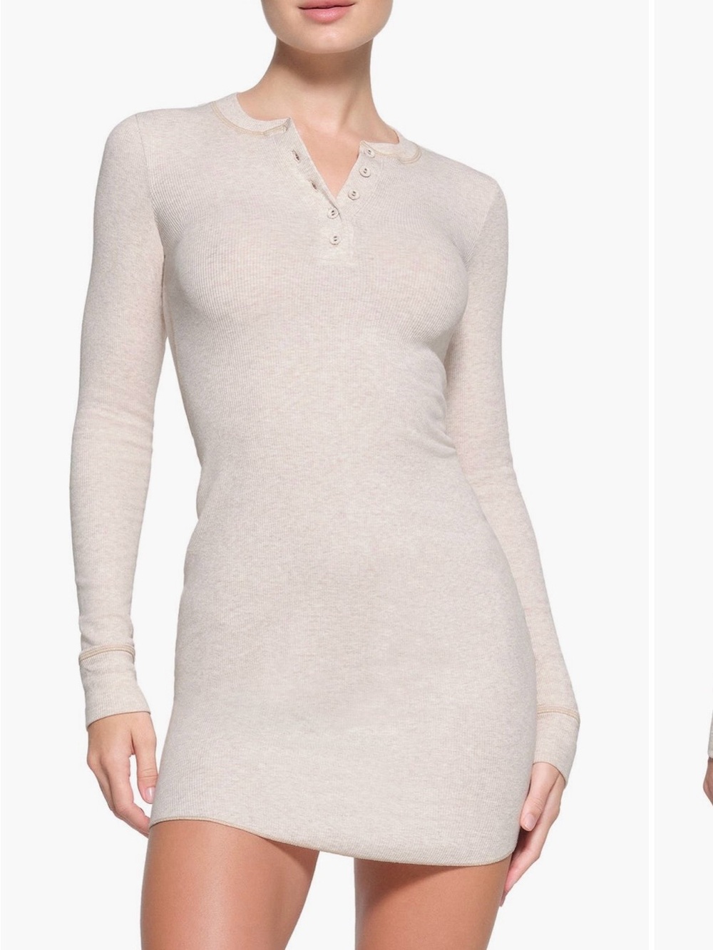 Skims Cotton Rib Henley Mini Dress Heather Oatmeal Loungewear Sleep Neutral Sz L